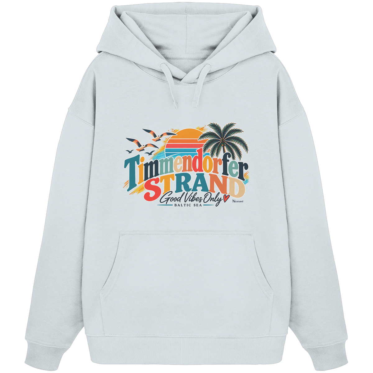 Unisex-Oversize-Hoodie in Blue Ice mit Timmendorfer-Strand-Good-Vibes-Only-Frontprint, originales Shirtigo-Mockup.