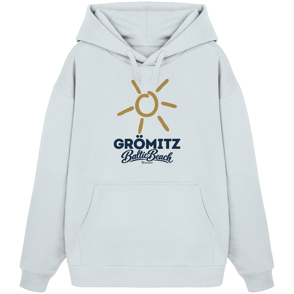 Bio Oversize Hoodie Grömitz Sonne Baltic Beach in Blue Ice – Frontdruck mit goldener Sonne, Shirtigo-Originalmockup 5