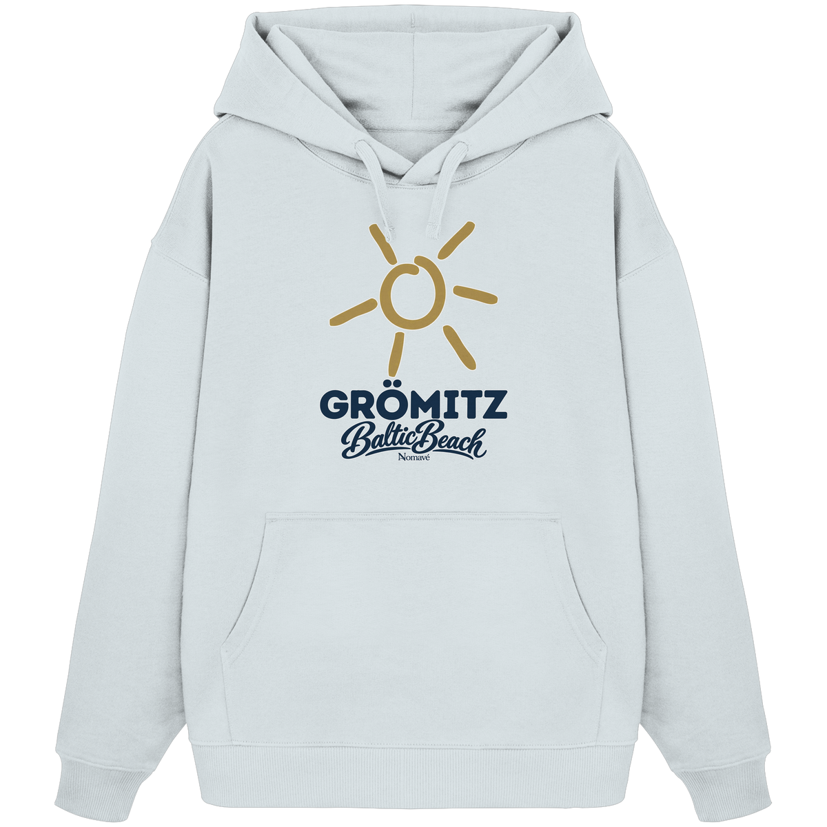 Bio Oversize Hoodie Grömitz Sonne Baltic Beach in Blue Ice – Frontdruck mit goldener Sonne, Shirtigo-Originalmockup 5