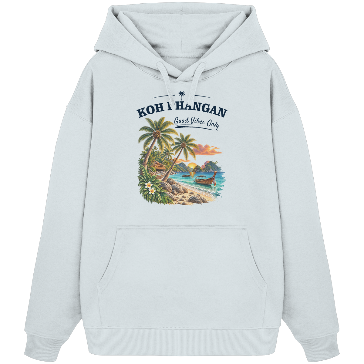Koh Phangan Good Vibes Only – Bio Oversize Hoodie – Frontprint – Original-Mockup organic oversize hoodie blue ice mit Motivdruck