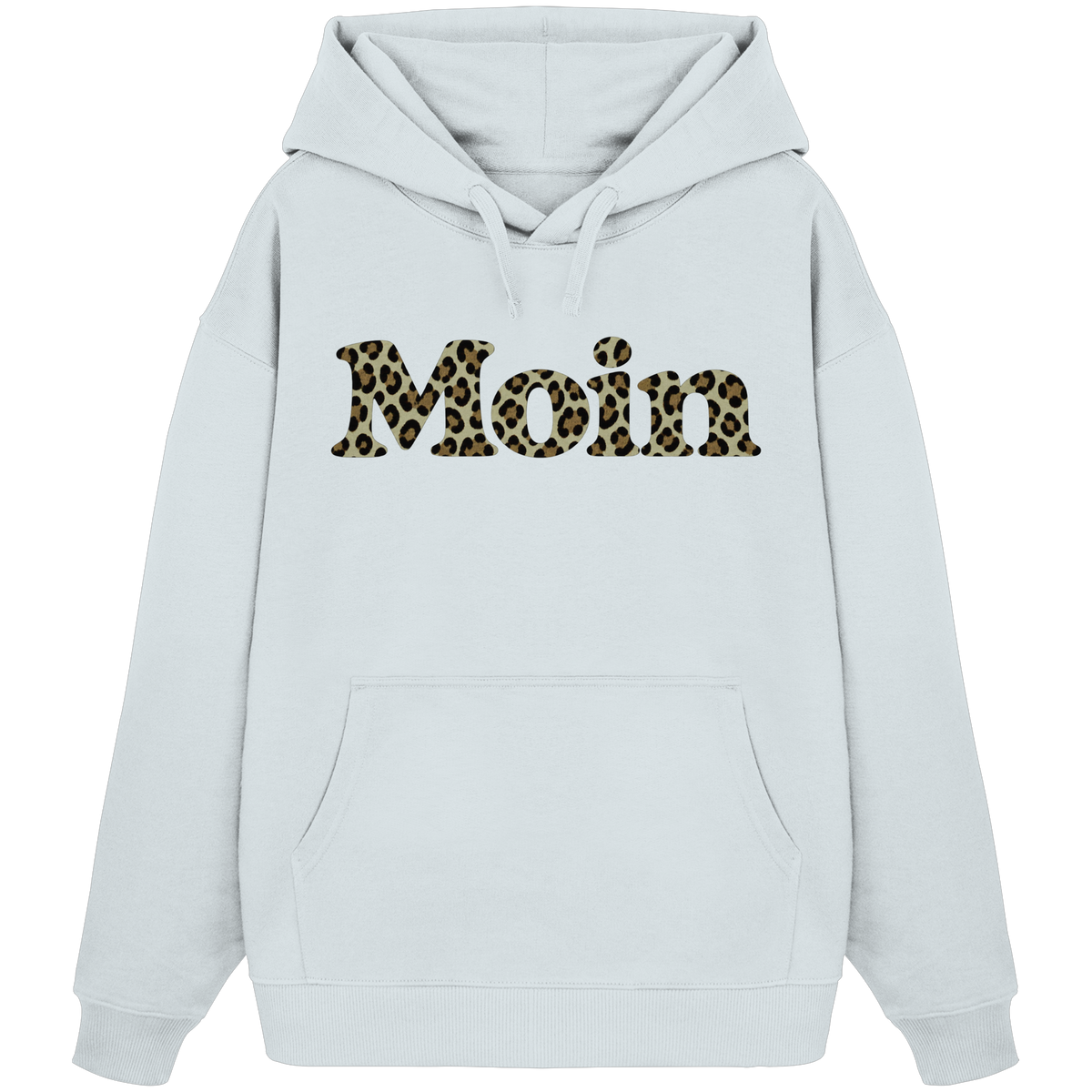 Bio Oversize Hoodie in Blue Ice mit Moin-Leoprint in Sage Green als Frontprint, Original-Mockup.