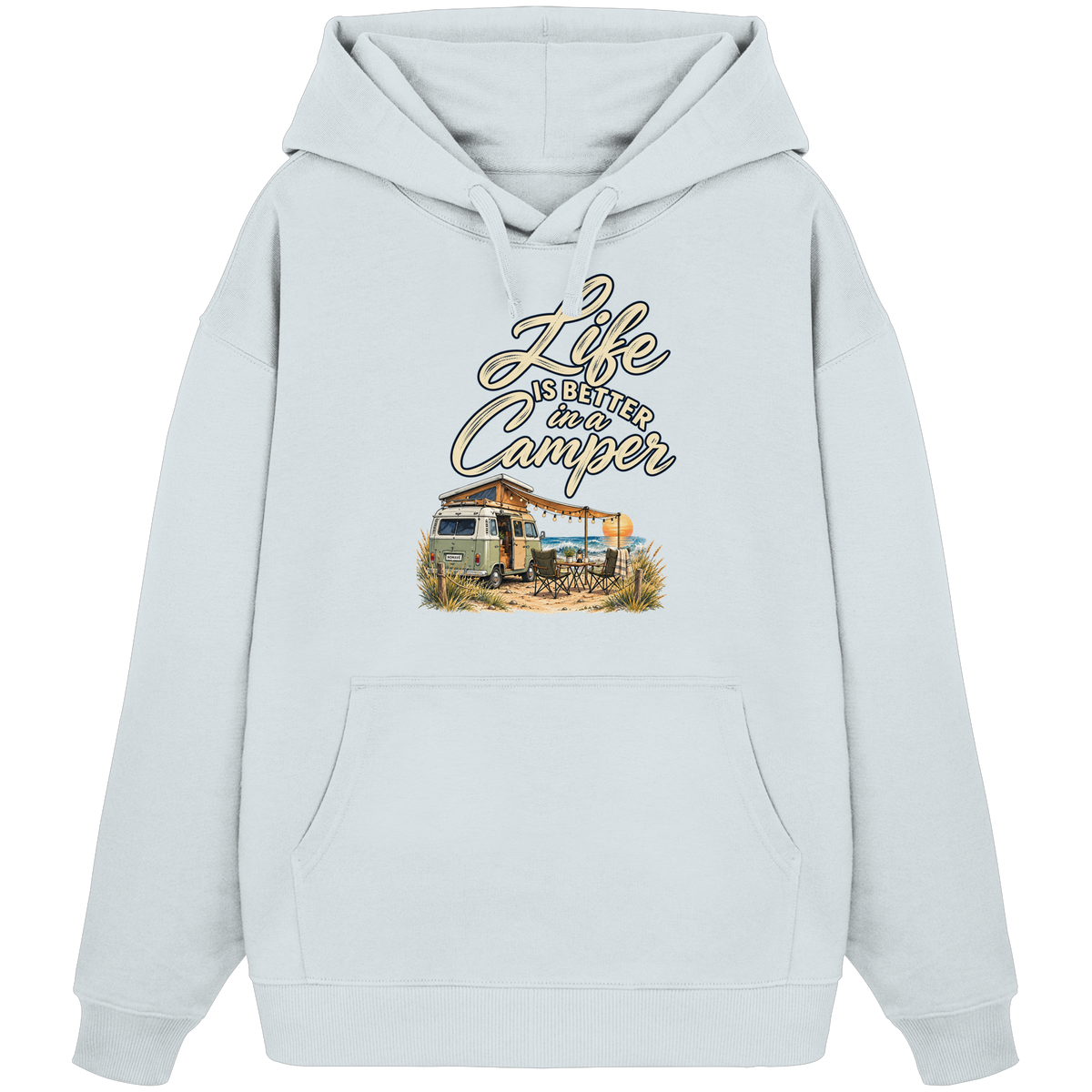 Bio Oversize Hoodie in Blue Ice mit „Life is better in a Camper“-Motiv – Vorderansicht für Vanlife- und Campingfans