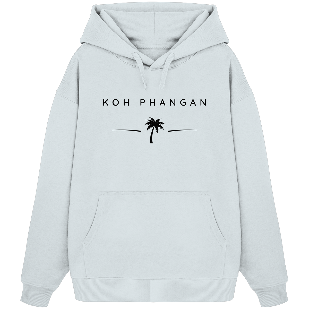 Frontansicht des Bio Oversize Hoodie in Blue Ice mit Koh Phangan Minimal Palm Frontprint