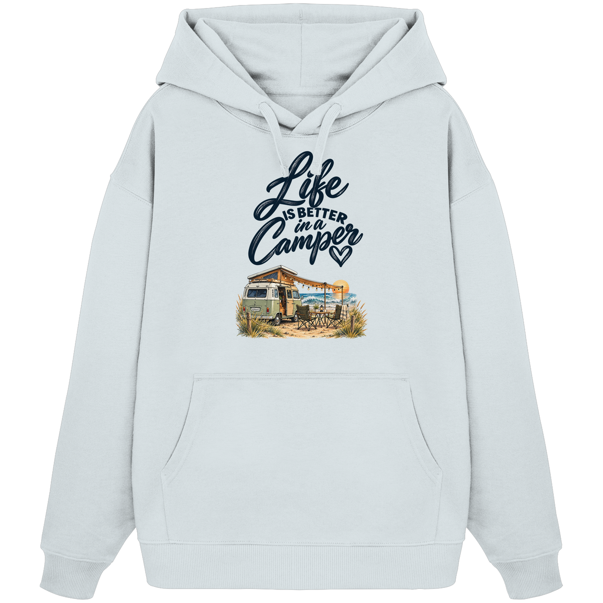 Bio Oversize Hoodie mit „Life is better in a Camper“-Motiv – Vorderansicht für Vanlife- und Campingfans