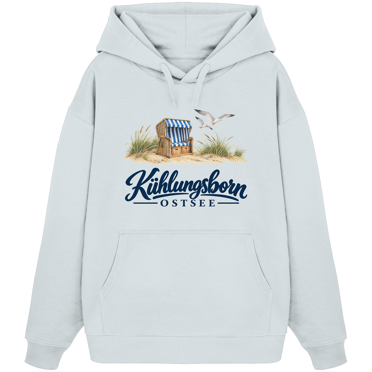 Bio-Oversize-Hoodie Kühlungsborn – Strandkorb & Ostsee in Blue Ice, Shirtigo-Originalmockup der Vorderseite mit Strandkorbmotiv.
