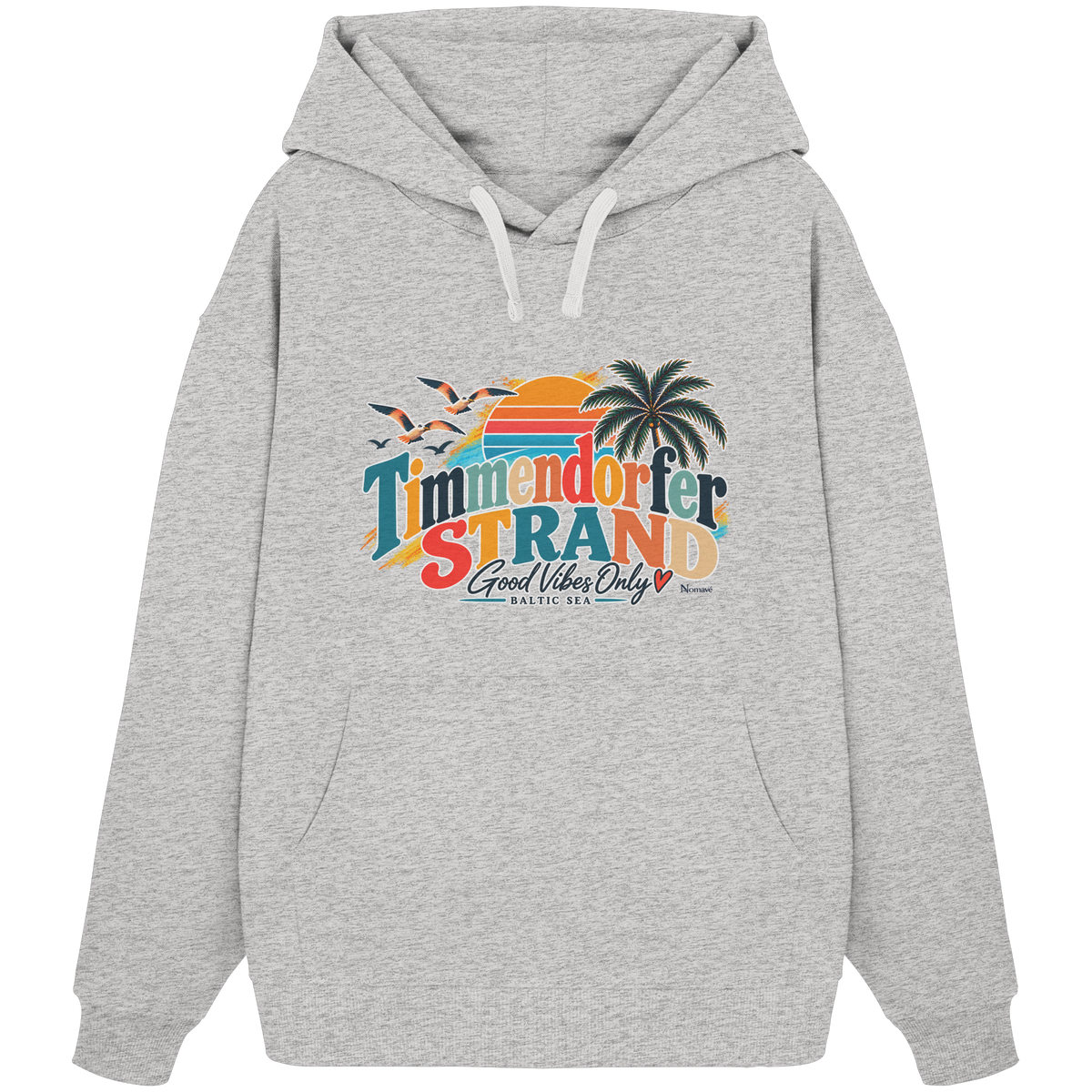 Unisex-Oversize-Hoodie in Cool Heather Grey mit Timmendorfer-Strand-Good-Vibes-Only-Frontprint, originales Shirtigo-Mockup.