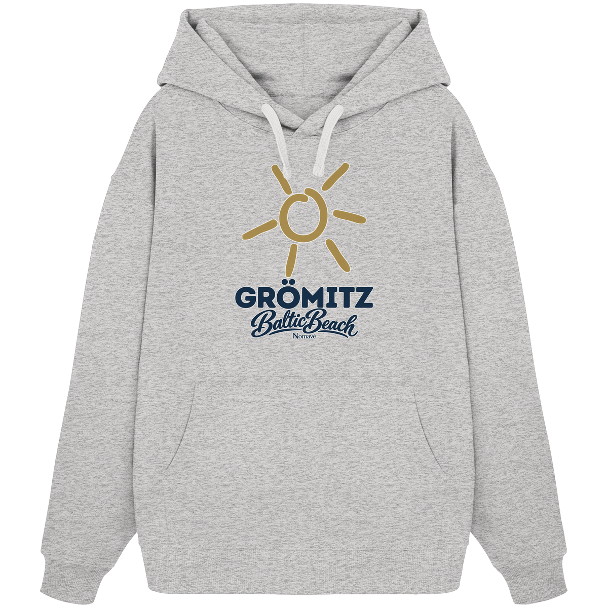 Bio Oversize Hoodie Grömitz Sonne Baltic Beach in Cool Heather Grey – Frontdruck mit goldener Sonne, Shirtigo-Originalmockup 3