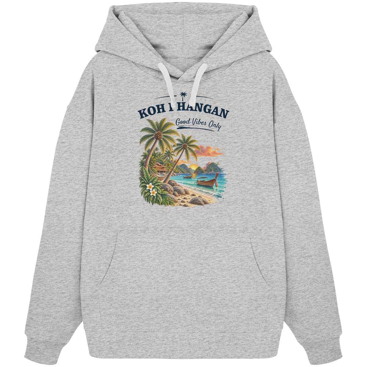 Koh Phangan Good Vibes Only – Bio Oversize Hoodie – Frontprint – Original-Mockup organic oversize hoodie cool heather grey mit Motivdruck