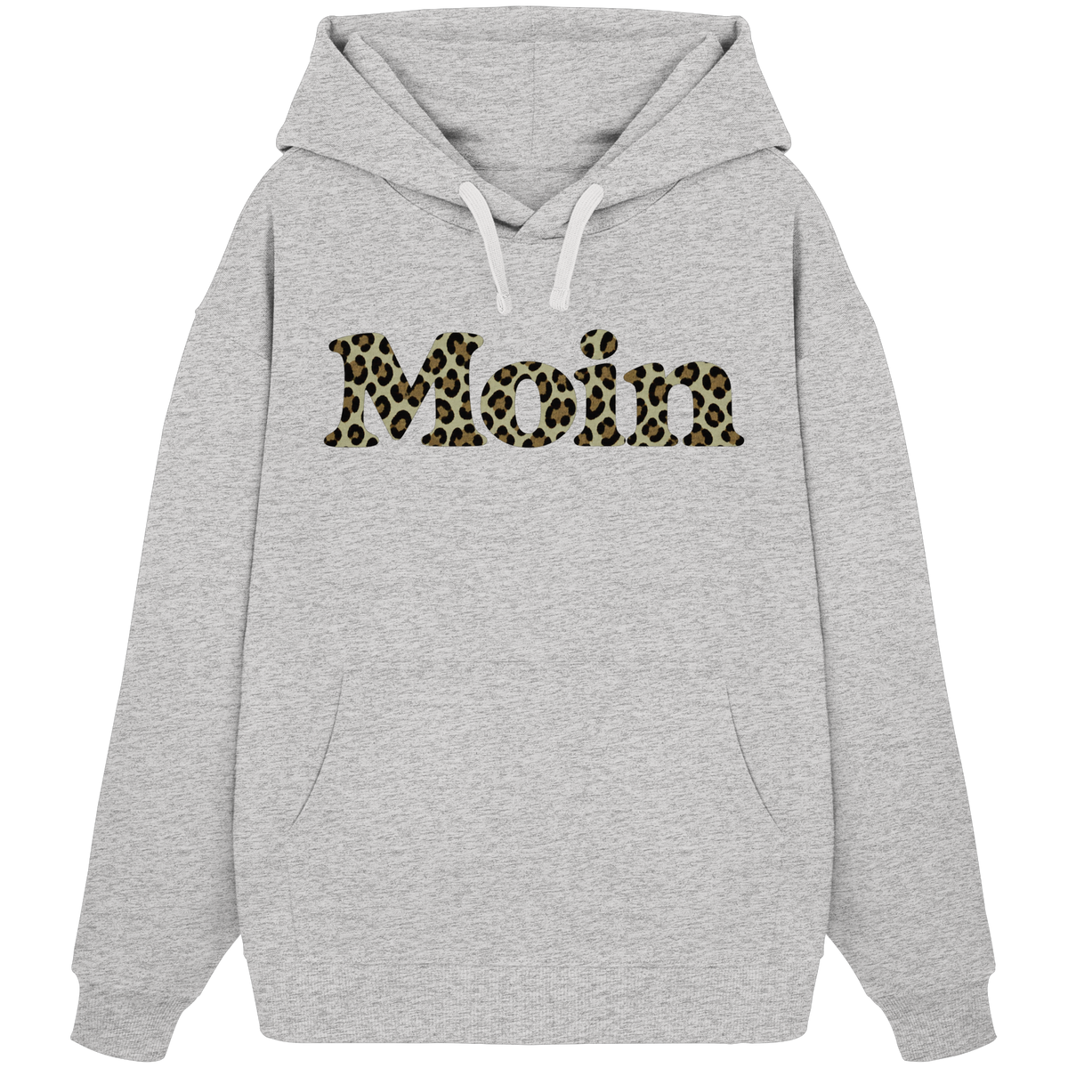 Bio Oversize Hoodie in Cool Heather Grey mit Moin-Leoprint in Sage Green als Frontprint, Original-Mockup.