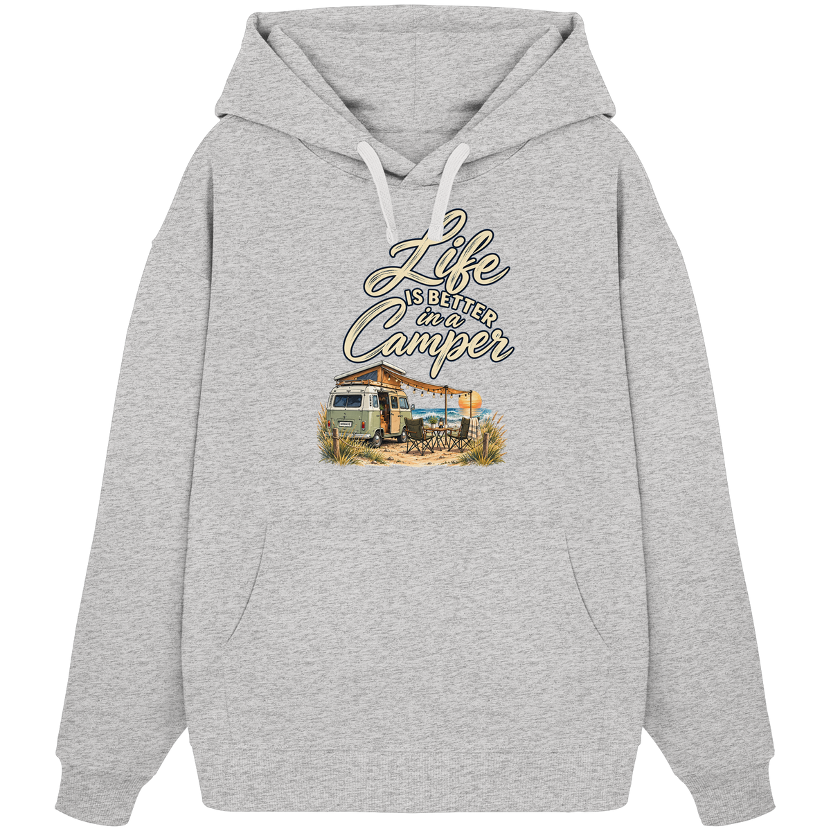 Bio Oversize Hoodie in Cool Heather Grey mit „Life is better in a Camper“-Motiv – Vorderansicht für Vanlife- und Campingfans