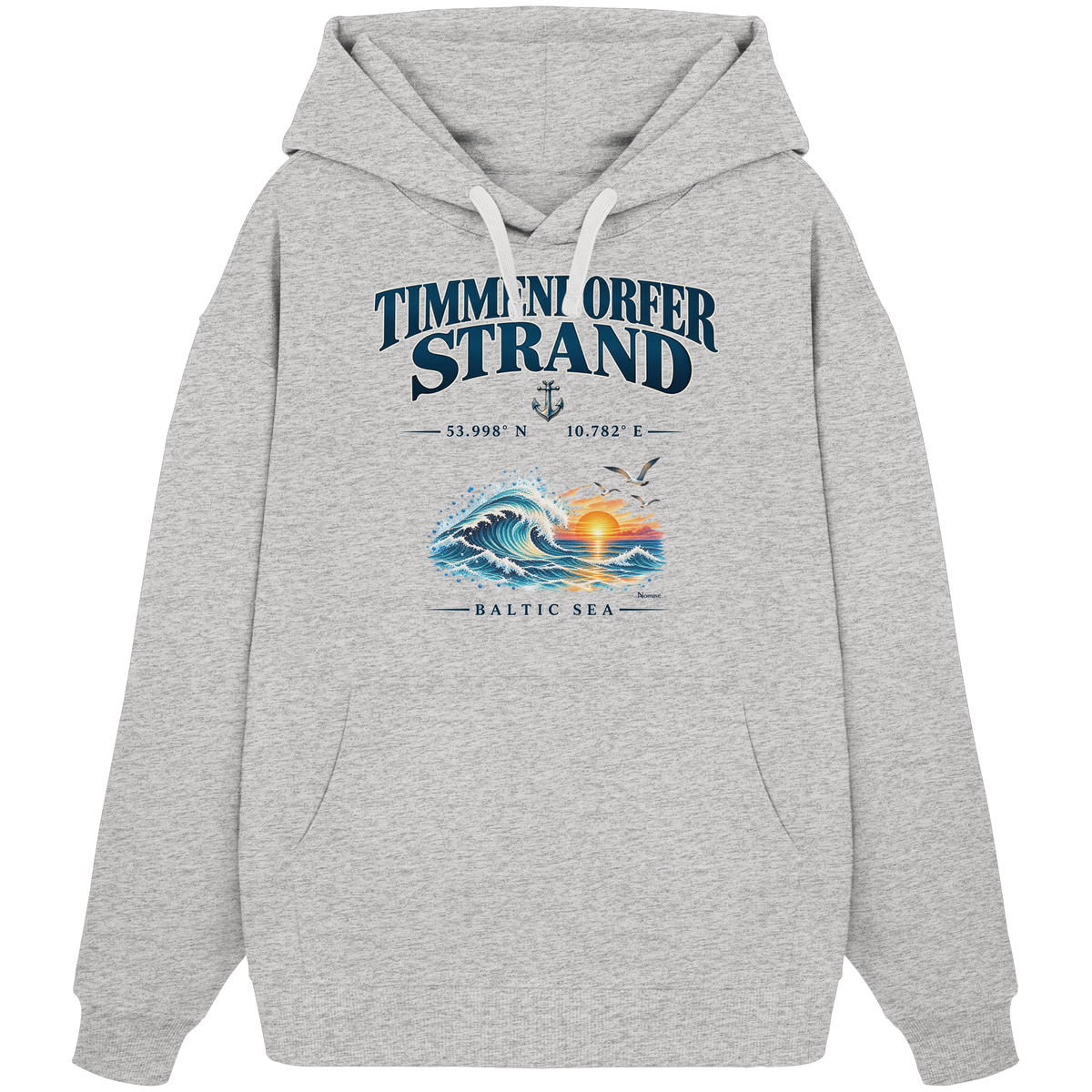 Original-Mockup 3: Unisex Bio-Oversize-Hoodie in Cool Heather Grey mit Timmendorfer Strand – Baltic Sea Frontprint.