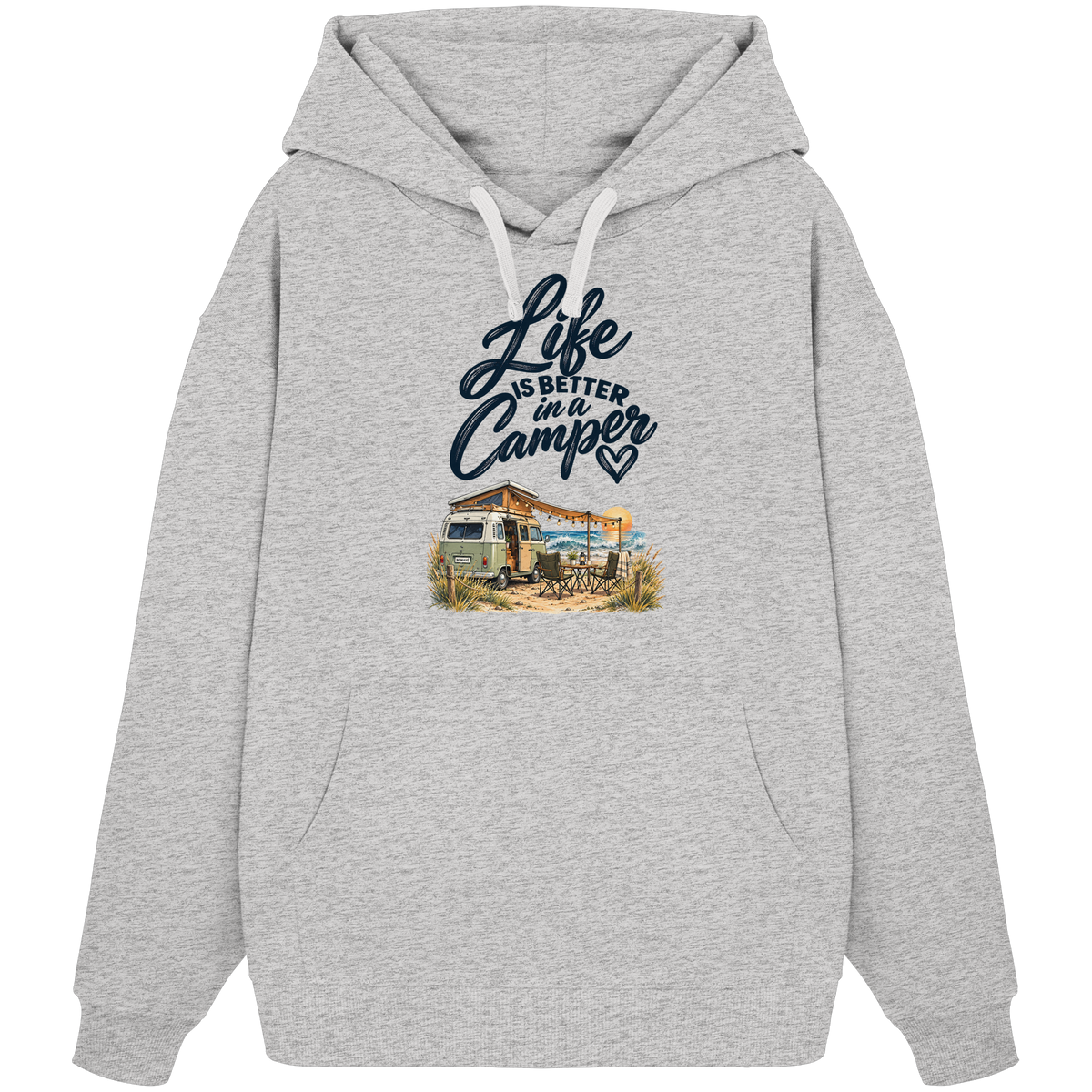Bio Oversize Hoodie mit „Life is better in a Camper“-Motiv – Vorderansicht in Heather Grey für Vanlife- und Campingfans
