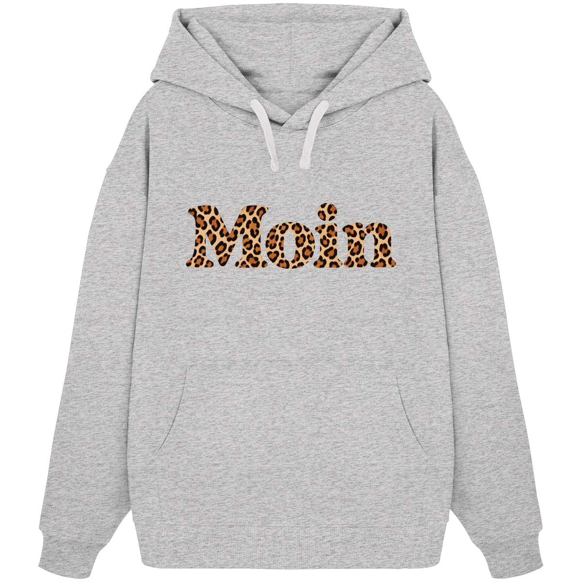Original-Shirtigo-Mockup: Bio Oversize Hoodie in Cool Heather Grey mit „Moin“ im Karamell-Leoprint vorn und Kängurutasche