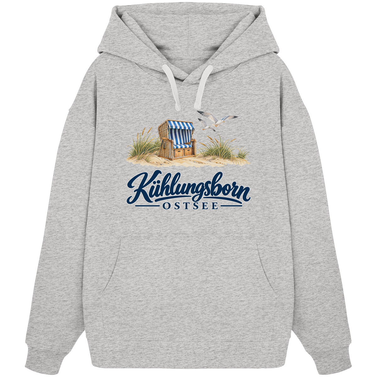 Bio-Oversize-Hoodie Kühlungsborn – Strandkorb & Ostsee in Cool Heather Grey, Shirtigo-Originalmockup der Vorderseite mit Strandkorbmotiv.