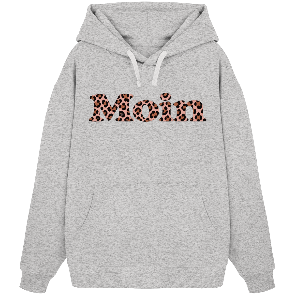 Bio-Oversize-Hoodie in Cool Heather Grey mit Moin-Leo-Blush-Pink-Motiv auf der Vorderseite.