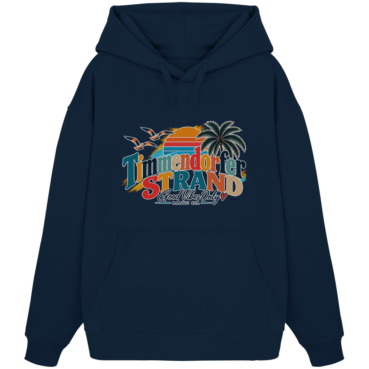 Unisex-Oversize-Hoodie in French Navy mit Timmendorfer-Strand-Good-Vibes-Only-Frontprint, originales Shirtigo-Mockup.