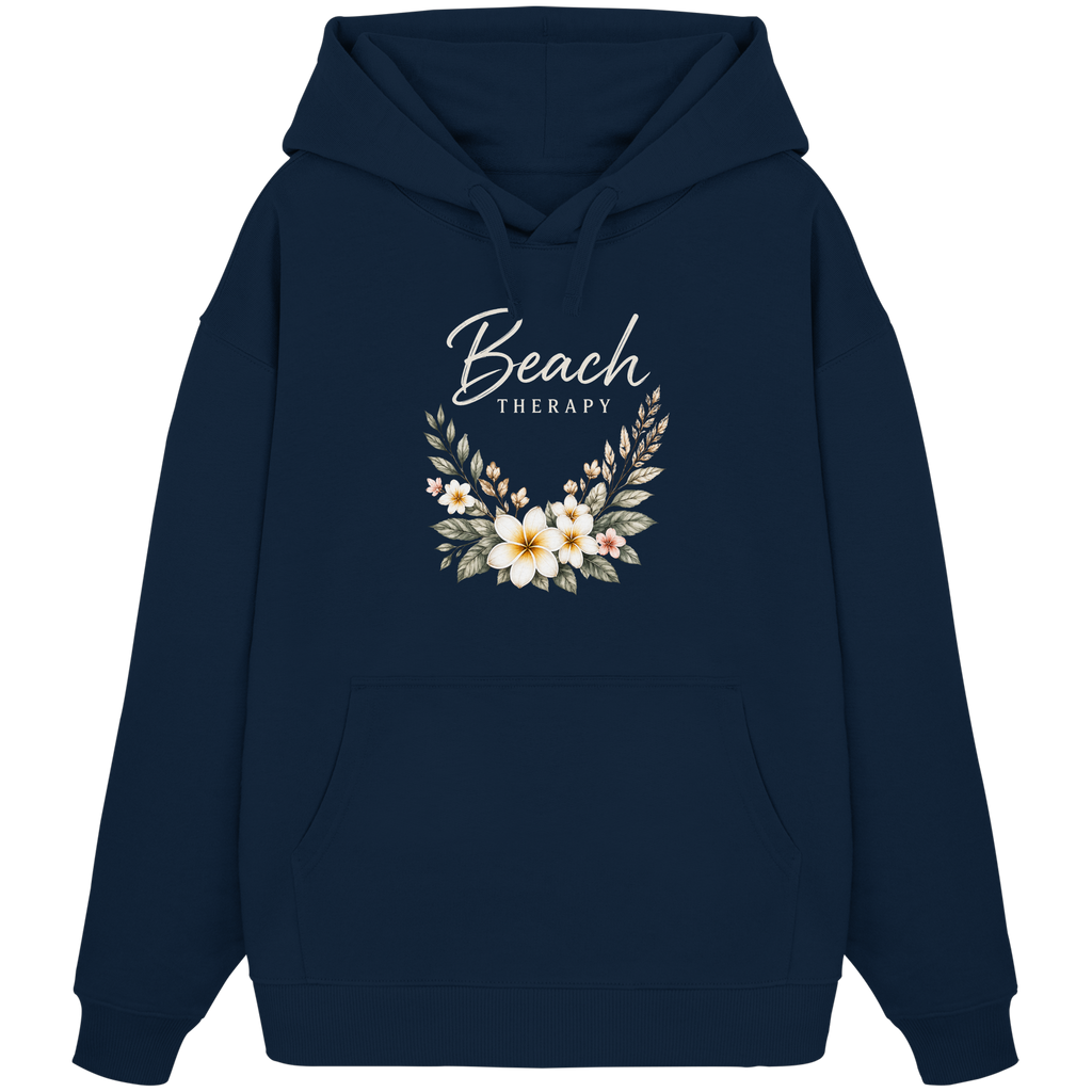 Bio-Oversize-Hoodie in French Navy mit floralem Beach-Therapy-Frontprint – Original-Mockup, Vorderansicht.