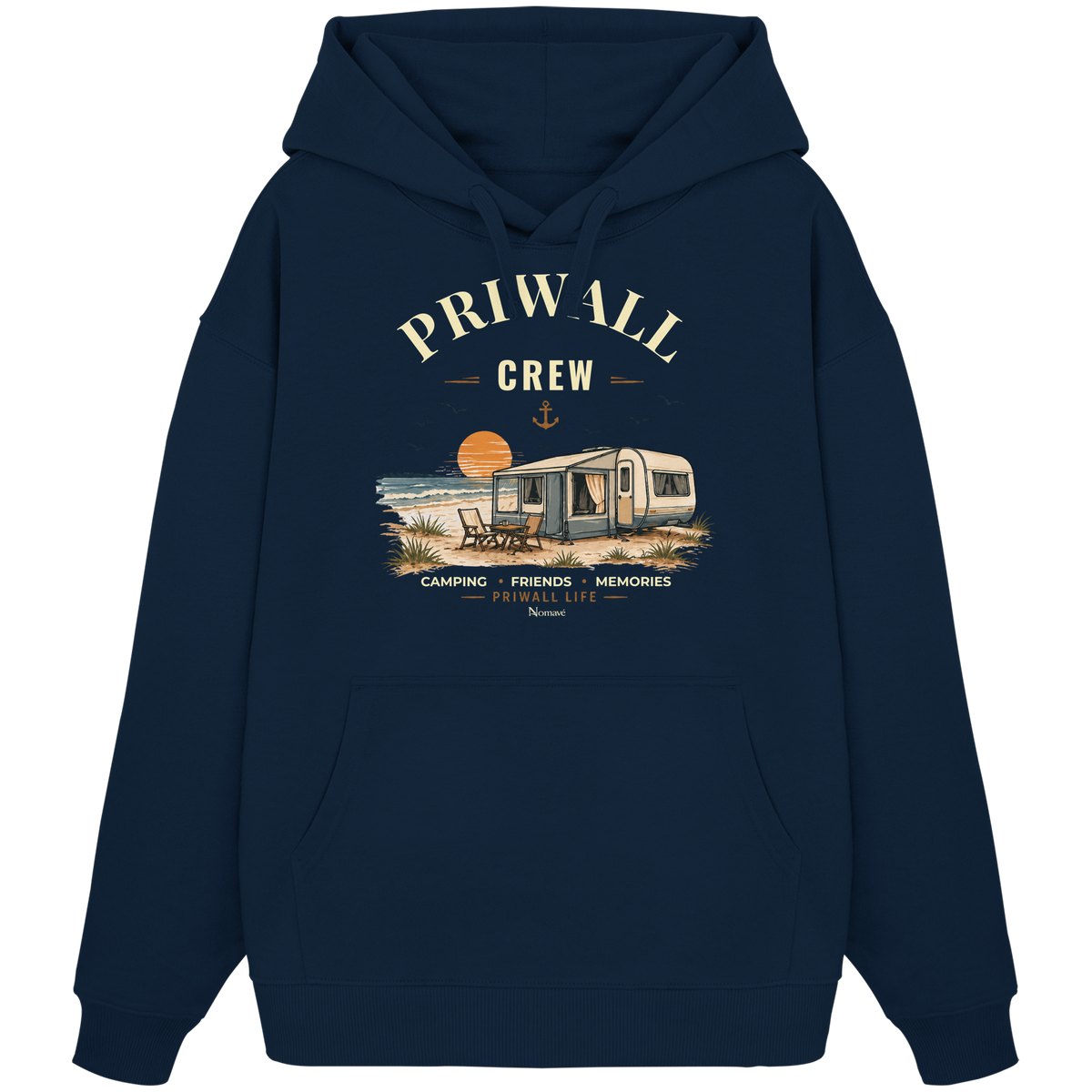 Bio Oversize Hoodie Kapuzenpullover in French Navy mit korrigiertem Priwall-Crew-Motiv der Dark Edition – Vorderansicht