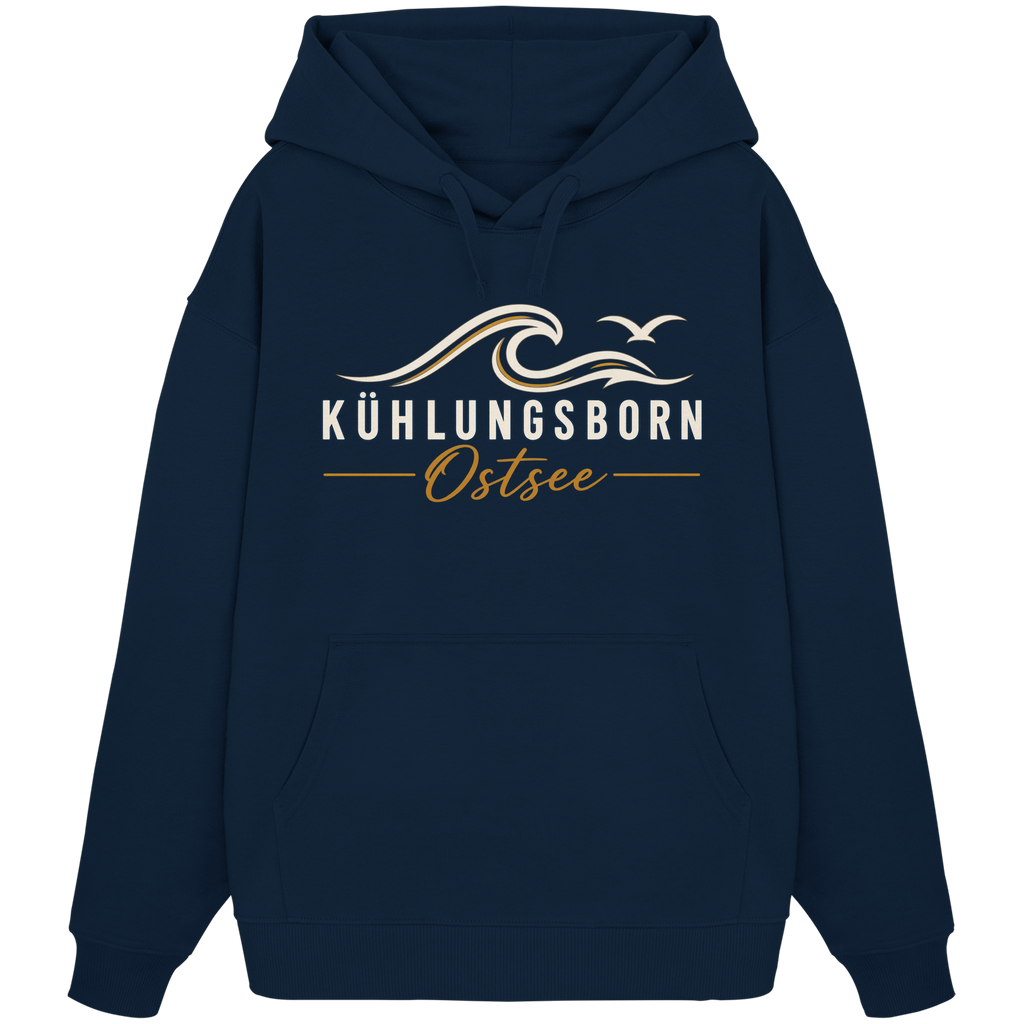 Shirtigo-Originalmockup: Bio-Oversize-Hoodie Kühlungsborn Baltic Waves, Dark Edition, French Navy, Vorderansicht mit Motiv.