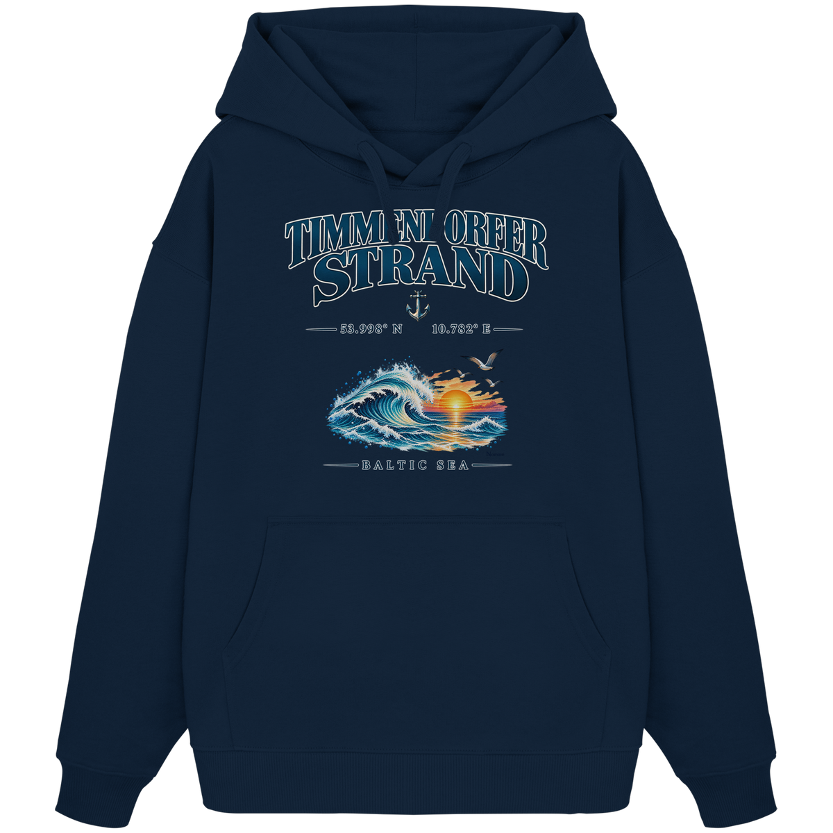 Original-Mockup 6: Unisex Bio-Oversize-Hoodie in French Navy mit Timmendorfer Strand – Baltic Sea Frontprint.
