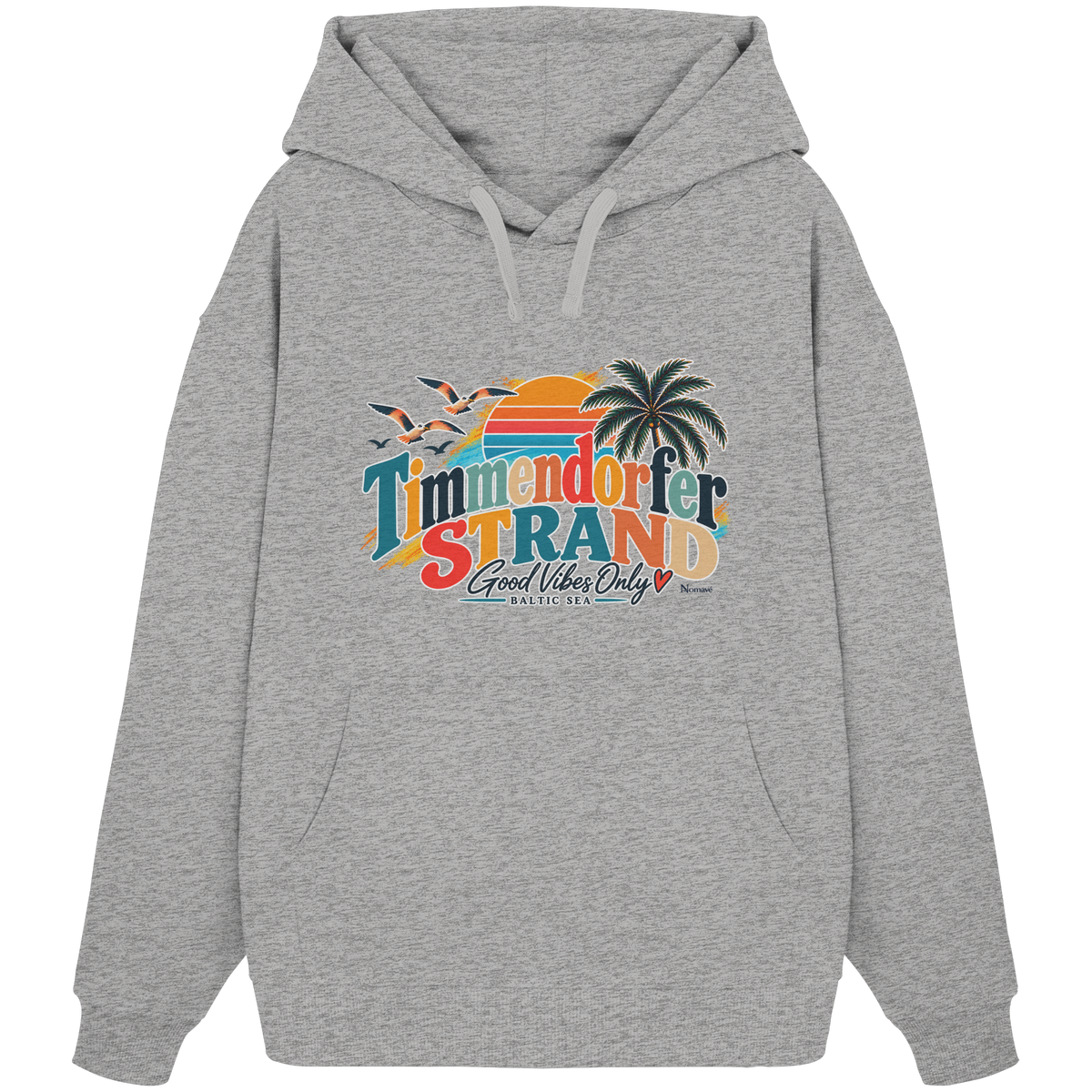 Unisex-Oversize-Hoodie in Heather Grey mit Timmendorfer-Strand-Good-Vibes-Only-Frontprint, originales Shirtigo-Mockup.