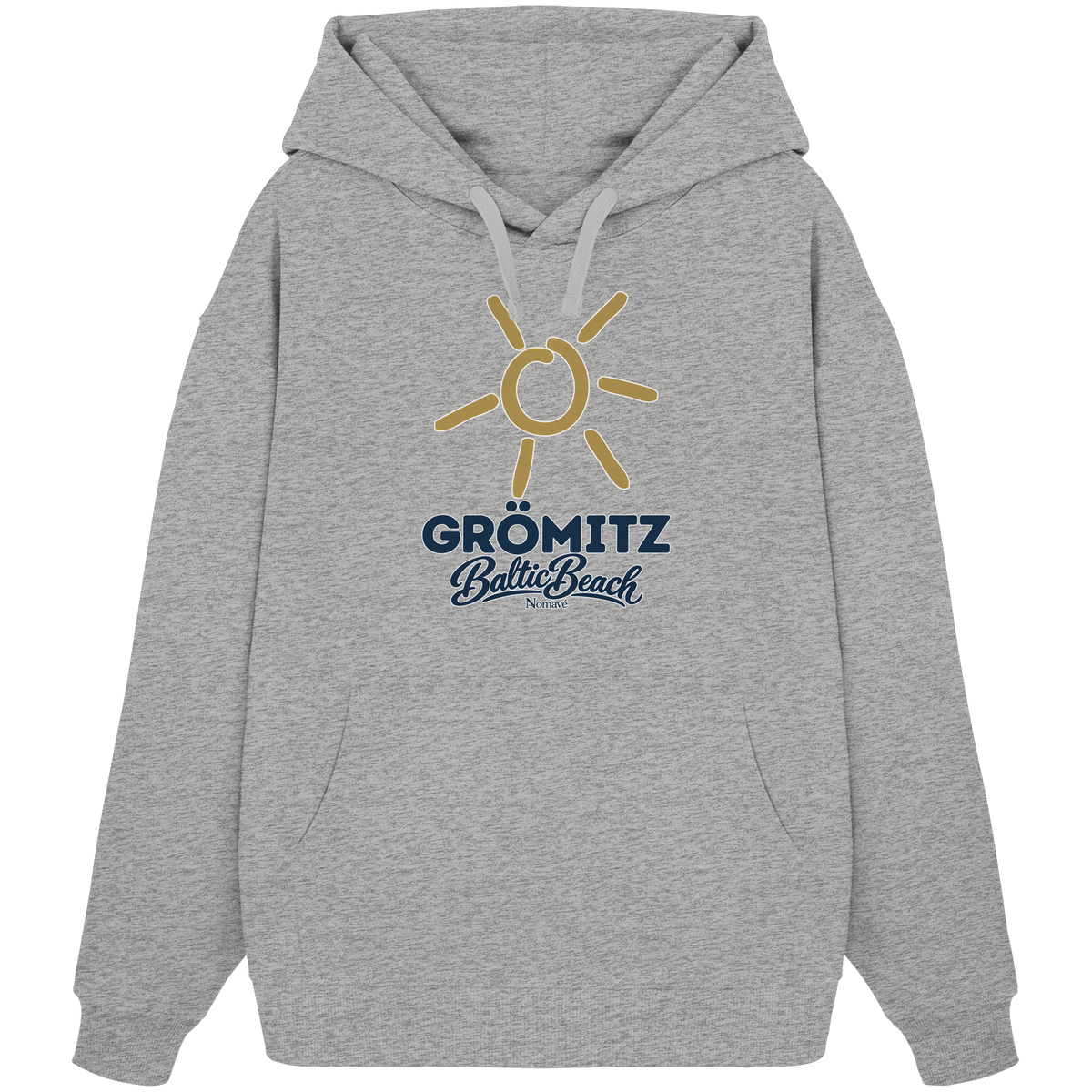 Bio Oversize Hoodie Grömitz Sonne Baltic Beach in Heather Grey – Frontdruck mit goldener Sonne, Shirtigo-Originalmockup 4