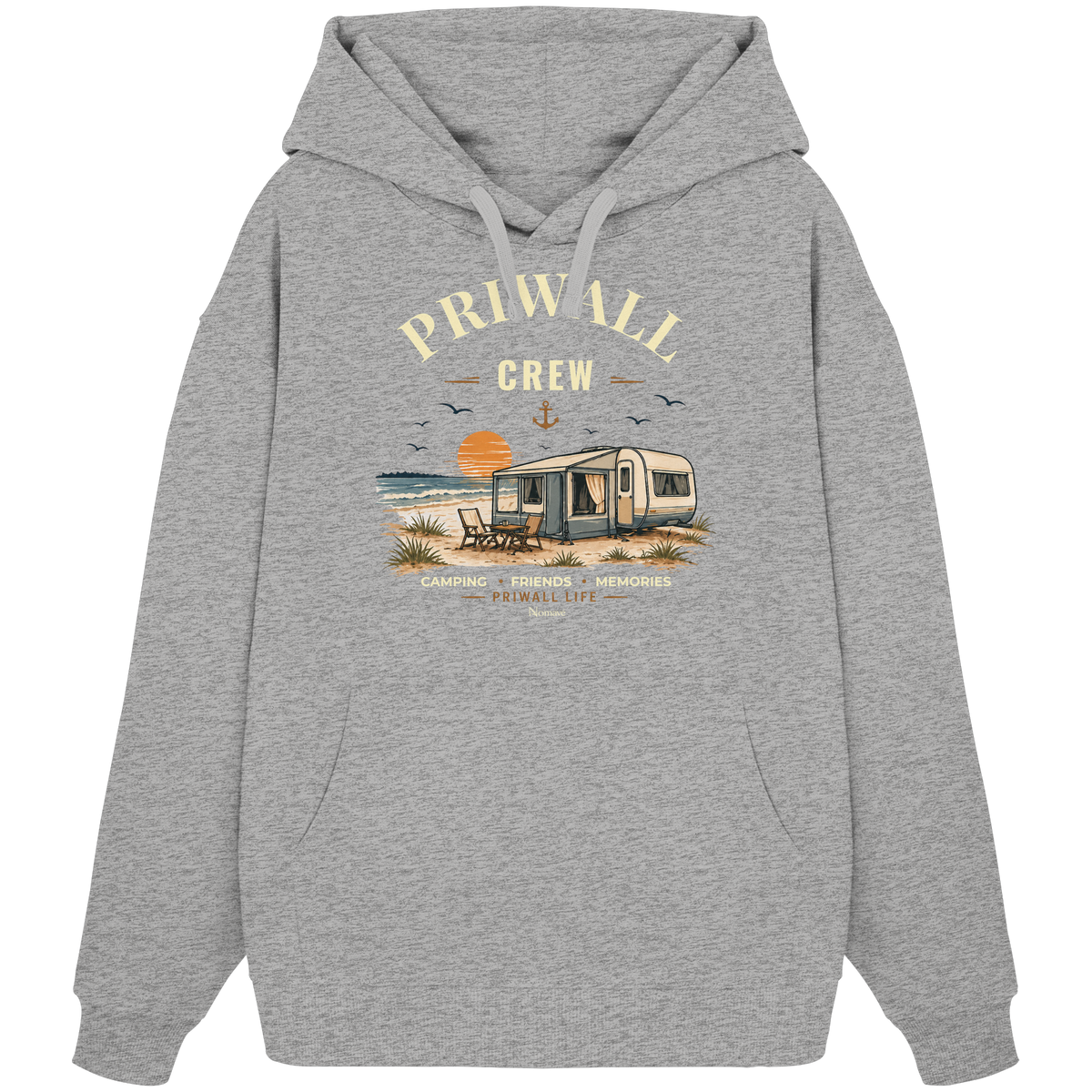 Bio Oversize Hoodie Kapuzenpullover in Heather Grey mit korrigiertem Priwall-Crew-Motiv der Dark Edition – Vorderansicht