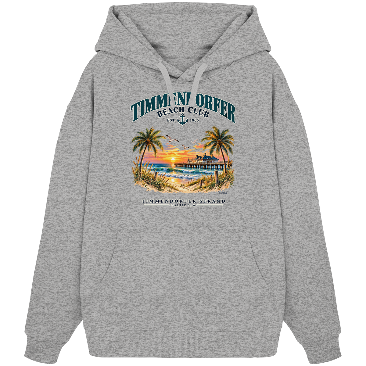 Originalmockup: Timmendorfer Beach Club Unisex Bio-Oversize-Hoodie in Heather Grey, Vorderansicht mit maritimem Frontprint, Palmen, Seebrücke und Meer.