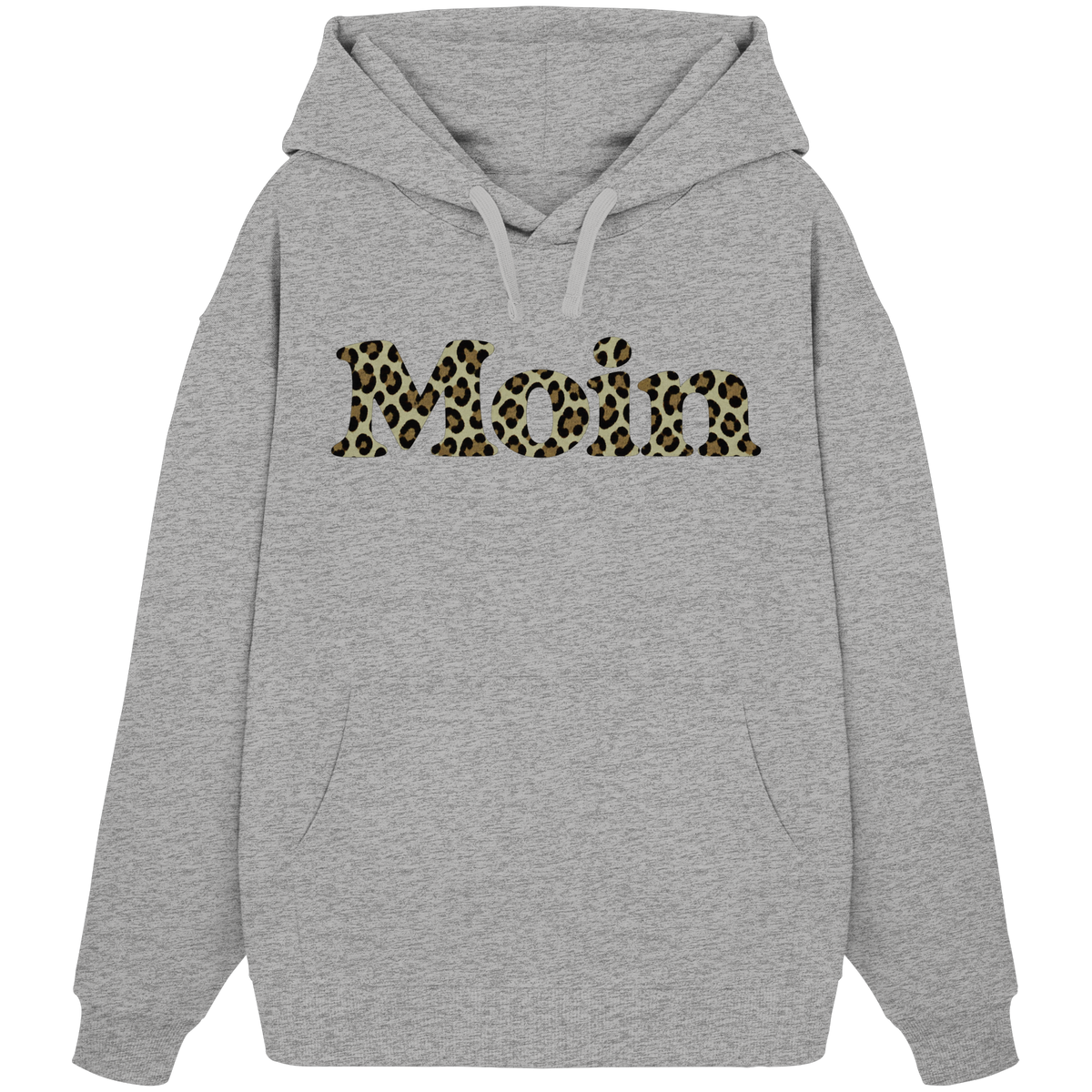 Bio Oversize Hoodie in Heather Grey mit Moin-Leoprint in Sage Green als Frontprint, Original-Mockup.