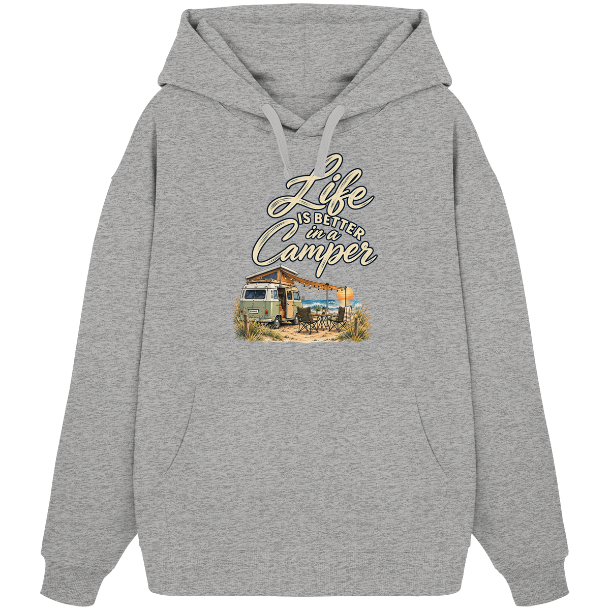 Bio Oversize Hoodie in Heather Grey mit „Life is better in a Camper“-Motiv – Vorderansicht für Vanlife- und Campingfans