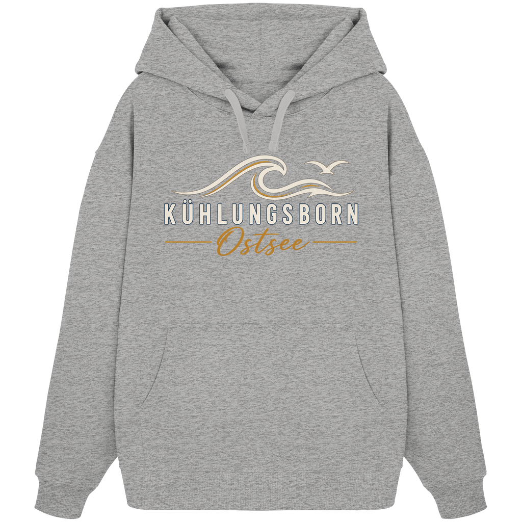 Shirtigo-Originalmockup: Bio-Oversize-Hoodie Kühlungsborn Baltic Waves, Dark Edition, Heather Grey, Vorderansicht mit Motiv.