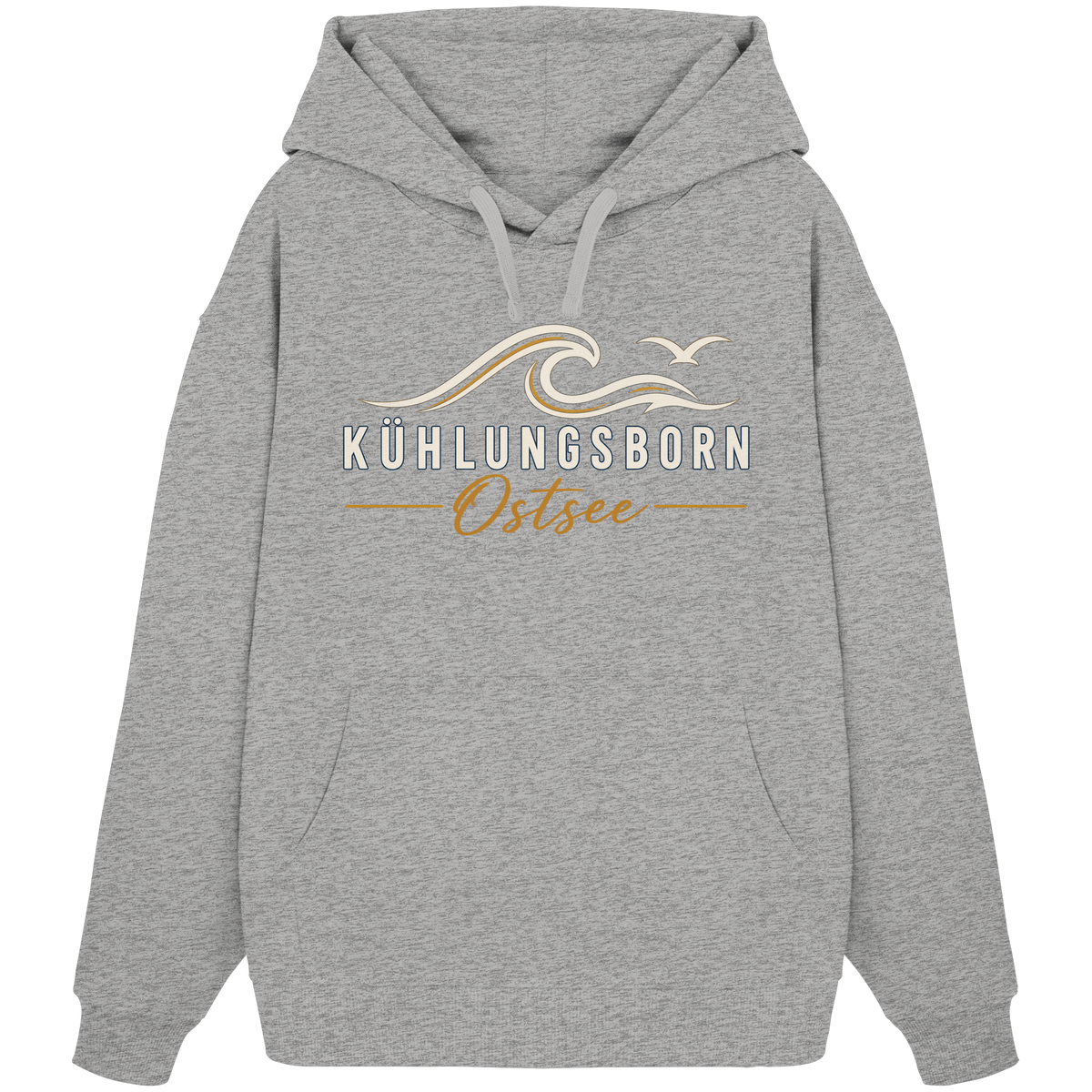 Shirtigo-Originalmockup: Bio-Oversize-Hoodie Kühlungsborn Baltic Waves, Dark Edition, Heather Grey, Vorderansicht mit Motiv.