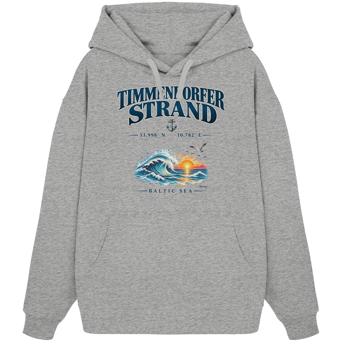 Original-Mockup 4: Unisex Bio-Oversize-Hoodie in Heather Grey mit Timmendorfer Strand – Baltic Sea Frontprint.