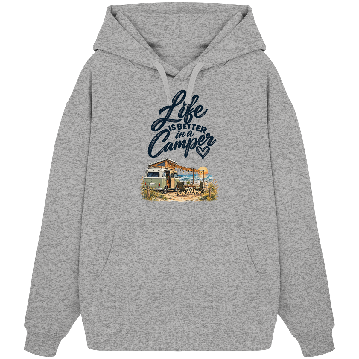 Bio Oversize Hoodie mit „Life is better in a Camper“-Motiv – Vorderansicht in Heather Grey für Vanlife- und Campingfans