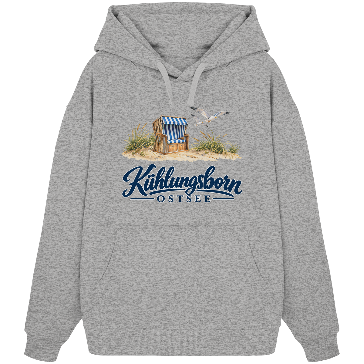 Bio-Oversize-Hoodie Kühlungsborn – Strandkorb & Ostsee in Heather Grey, Shirtigo-Originalmockup der Vorderseite mit Strandkorbmotiv.