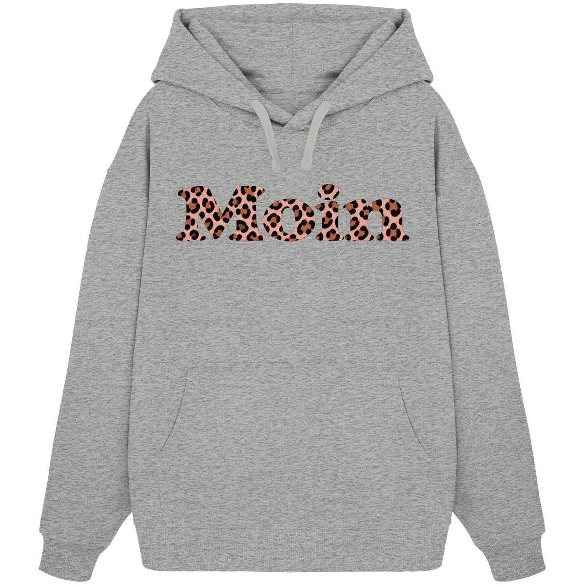 Bio-Oversize-Hoodie in Heather Grey mit Moin-Leo-Blush-Pink-Motiv auf der Vorderseite.