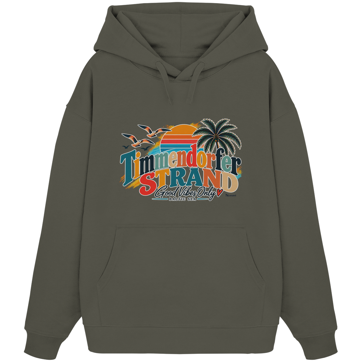 Unisex-Oversize-Hoodie in Khaki mit Timmendorfer-Strand-Good-Vibes-Only-Frontprint, originales Shirtigo-Mockup.