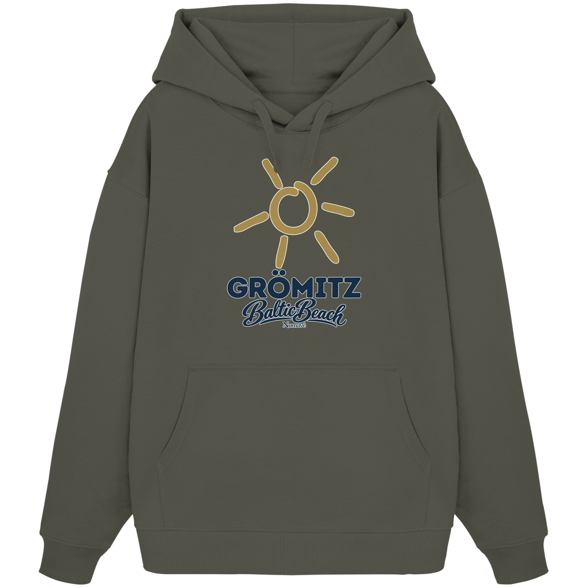 Bio Oversize Hoodie Grömitz Sonne Baltic Beach in Khaki – Frontdruck mit goldener Sonne, Shirtigo-Originalmockup 8