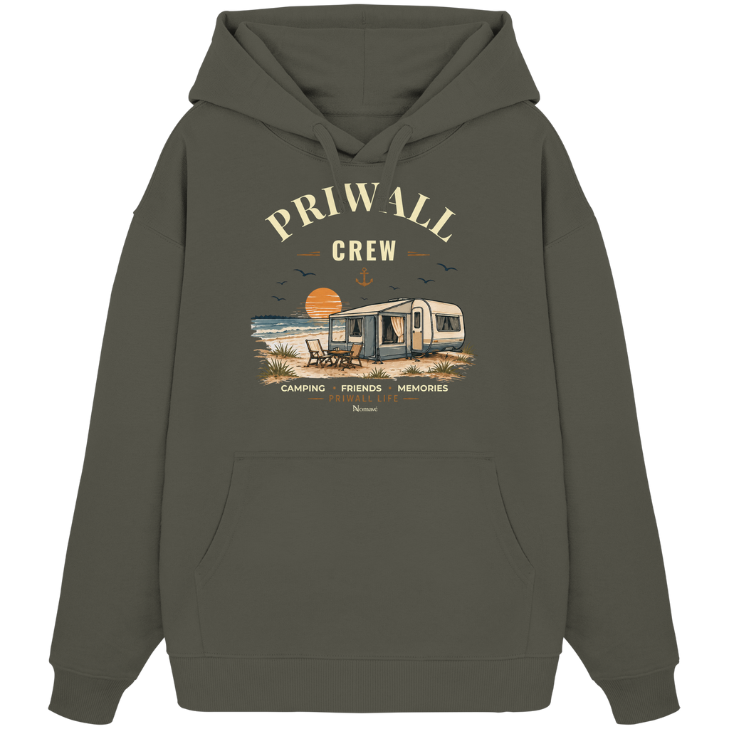 Bio Oversize Hoodie Kapuzenpullover in Khaki mit korrigiertem Priwall-Crew-Motiv der Dark Edition – Vorderansicht
