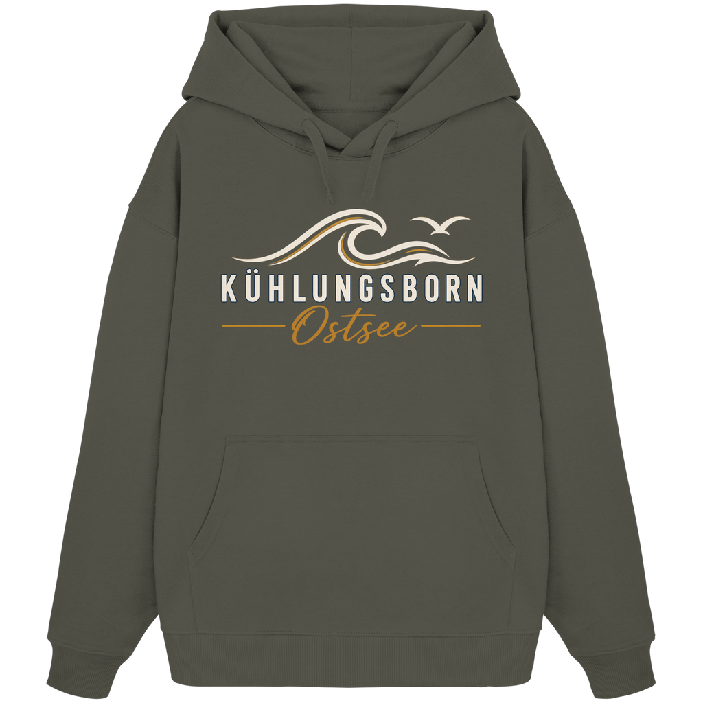 Shirtigo-Originalmockup: Bio-Oversize-Hoodie Kühlungsborn Baltic Waves, Dark Edition, Khaki, Vorderansicht mit Motiv.