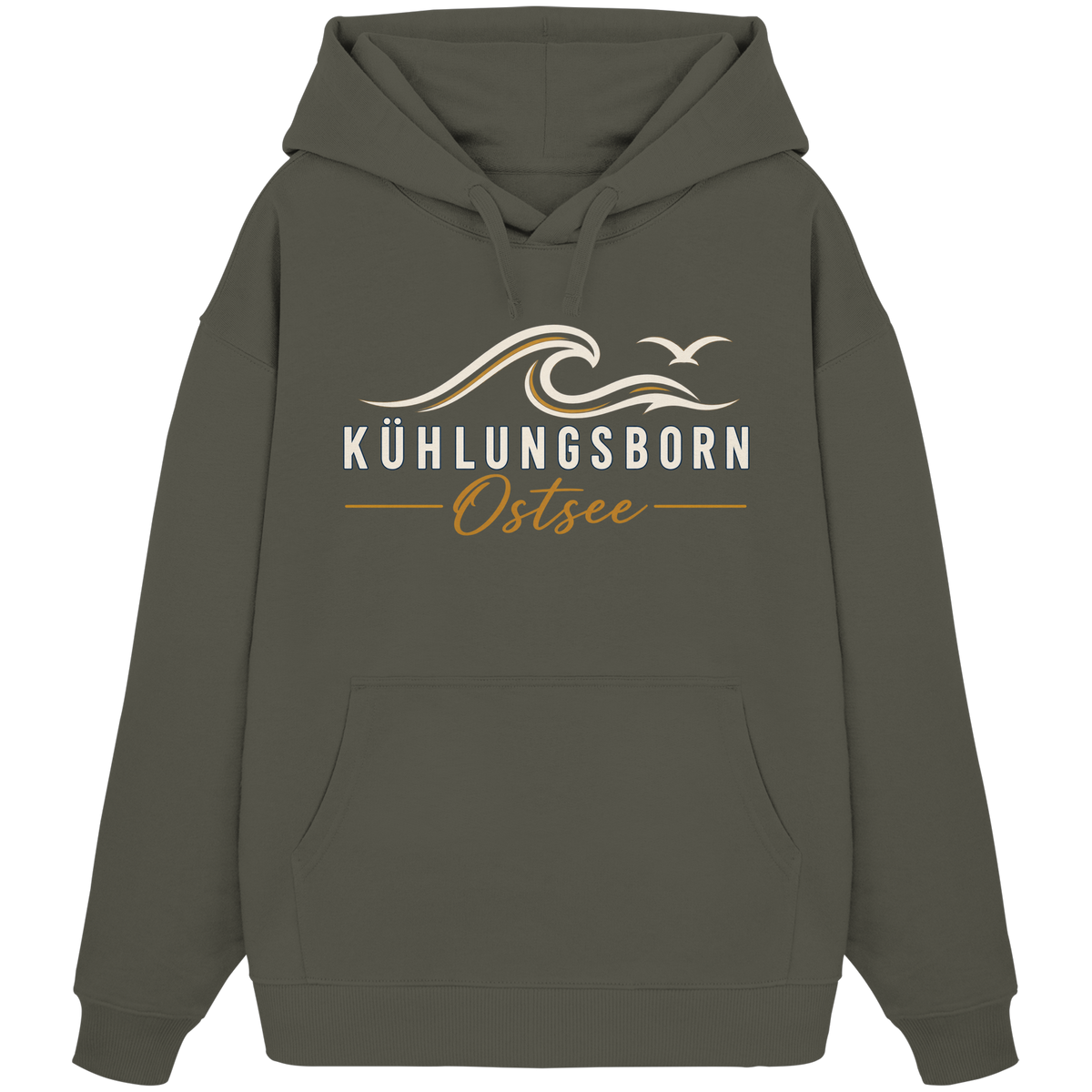 Shirtigo-Originalmockup: Bio-Oversize-Hoodie Kühlungsborn Baltic Waves, Dark Edition, Khaki, Vorderansicht mit Motiv.