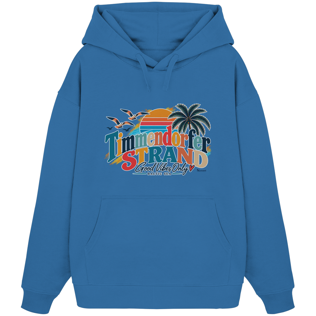 Unisex-Oversize-Hoodie in Mindful Blue mit Timmendorfer-Strand-Good-Vibes-Only-Frontprint, originales Shirtigo-Mockup.