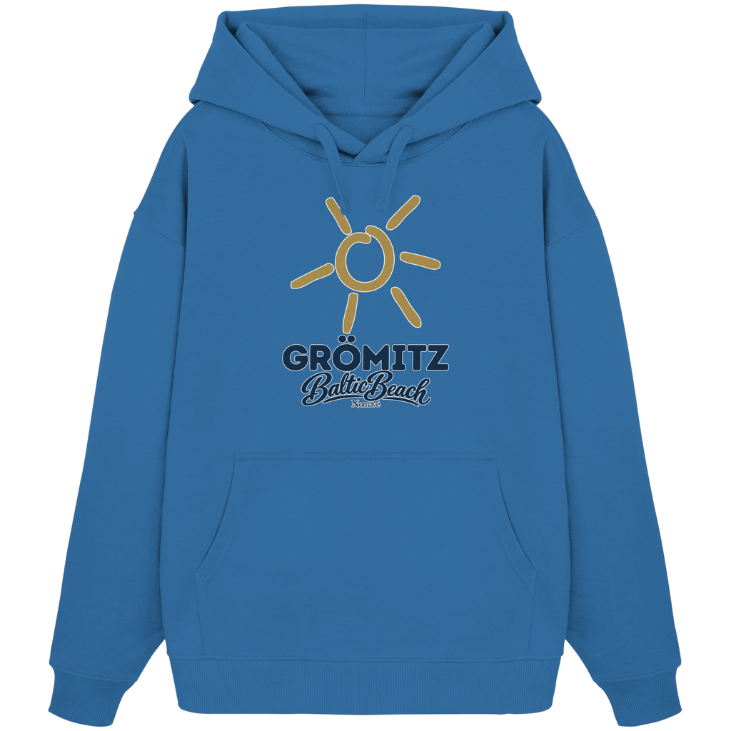 Bio Oversize Hoodie Grömitz Sonne Baltic Beach in Mindful Blue – Frontdruck mit goldener Sonne, Shirtigo-Originalmockup 7