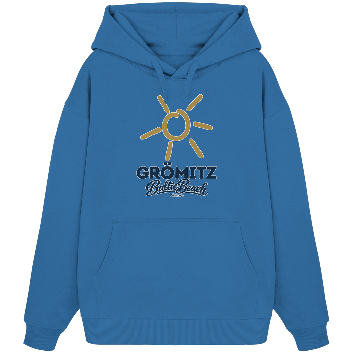 Bio Oversize Hoodie Grömitz Sonne Baltic Beach in Mindful Blue – Frontdruck mit goldener Sonne, Shirtigo-Originalmockup 7