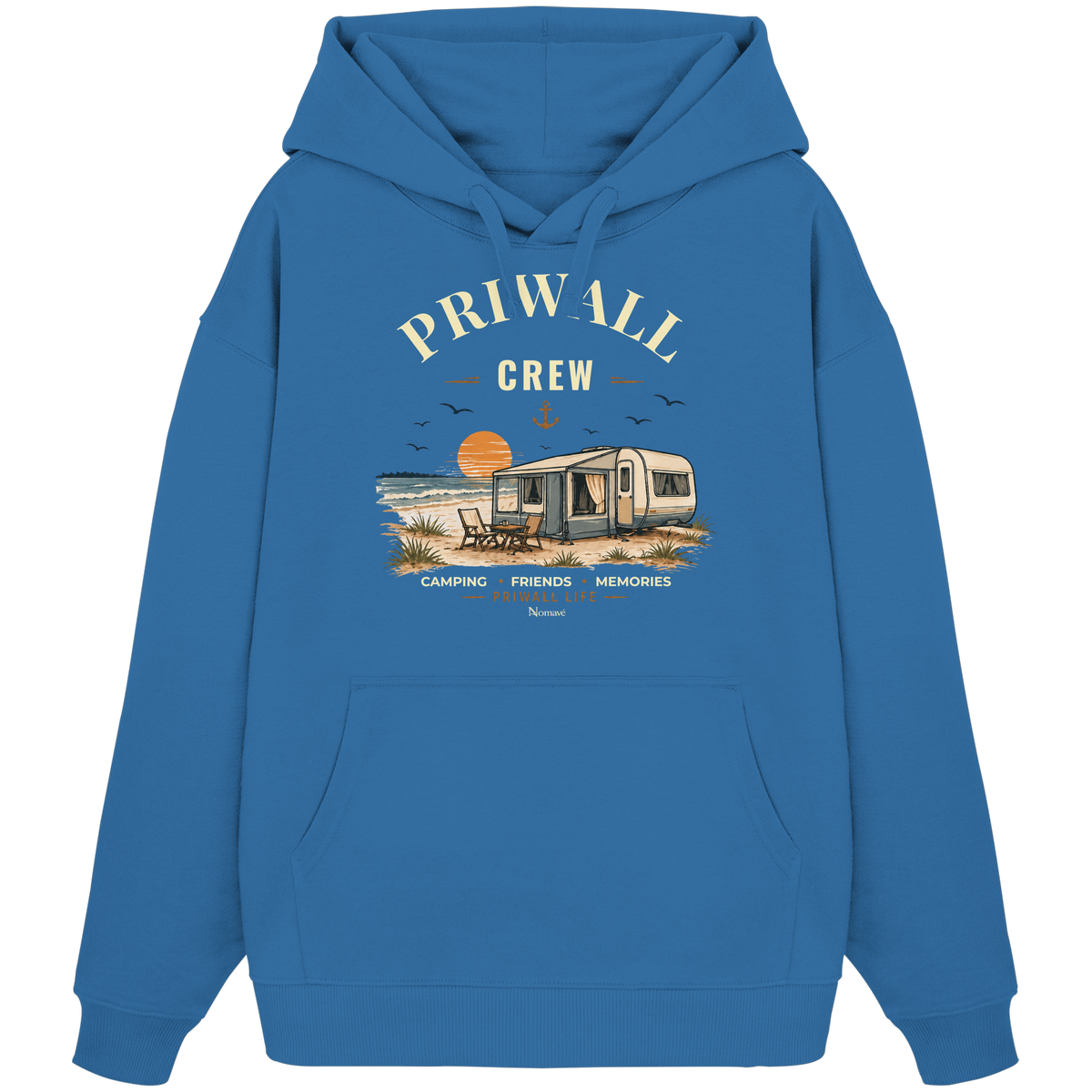 Bio Oversize Hoodie Kapuzenpullover in Mindful Blue mit korrigiertem Priwall-Crew-Motiv der Dark Edition – Vorderansicht