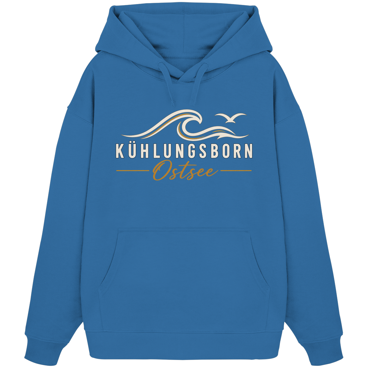 Shirtigo-Originalmockup: Bio-Oversize-Hoodie Kühlungsborn Baltic Waves, Dark Edition, Mindful Blue, Vorderansicht mit Motiv.