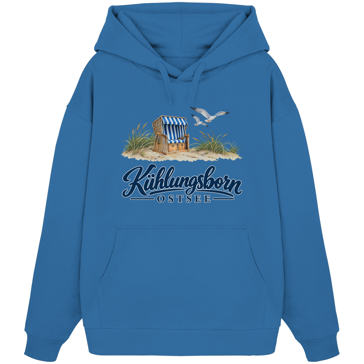 Bio-Oversize-Hoodie Kühlungsborn – Strandkorb & Ostsee in Mindful Blue, Shirtigo-Originalmockup der Vorderseite mit Strandkorbmotiv.