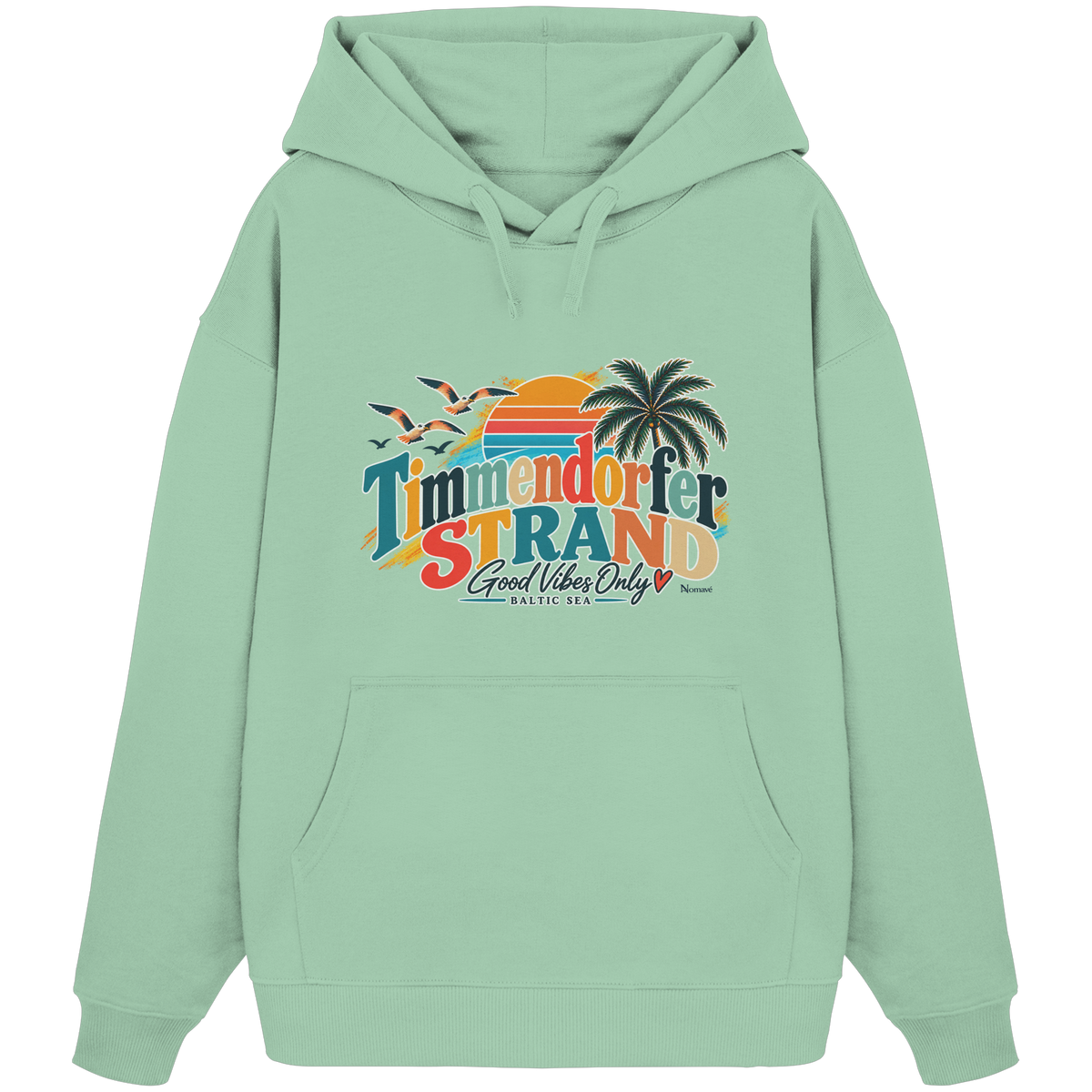 Unisex-Oversize-Hoodie in Misty Jade mit Timmendorfer-Strand-Good-Vibes-Only-Frontprint, originales Shirtigo-Mockup.