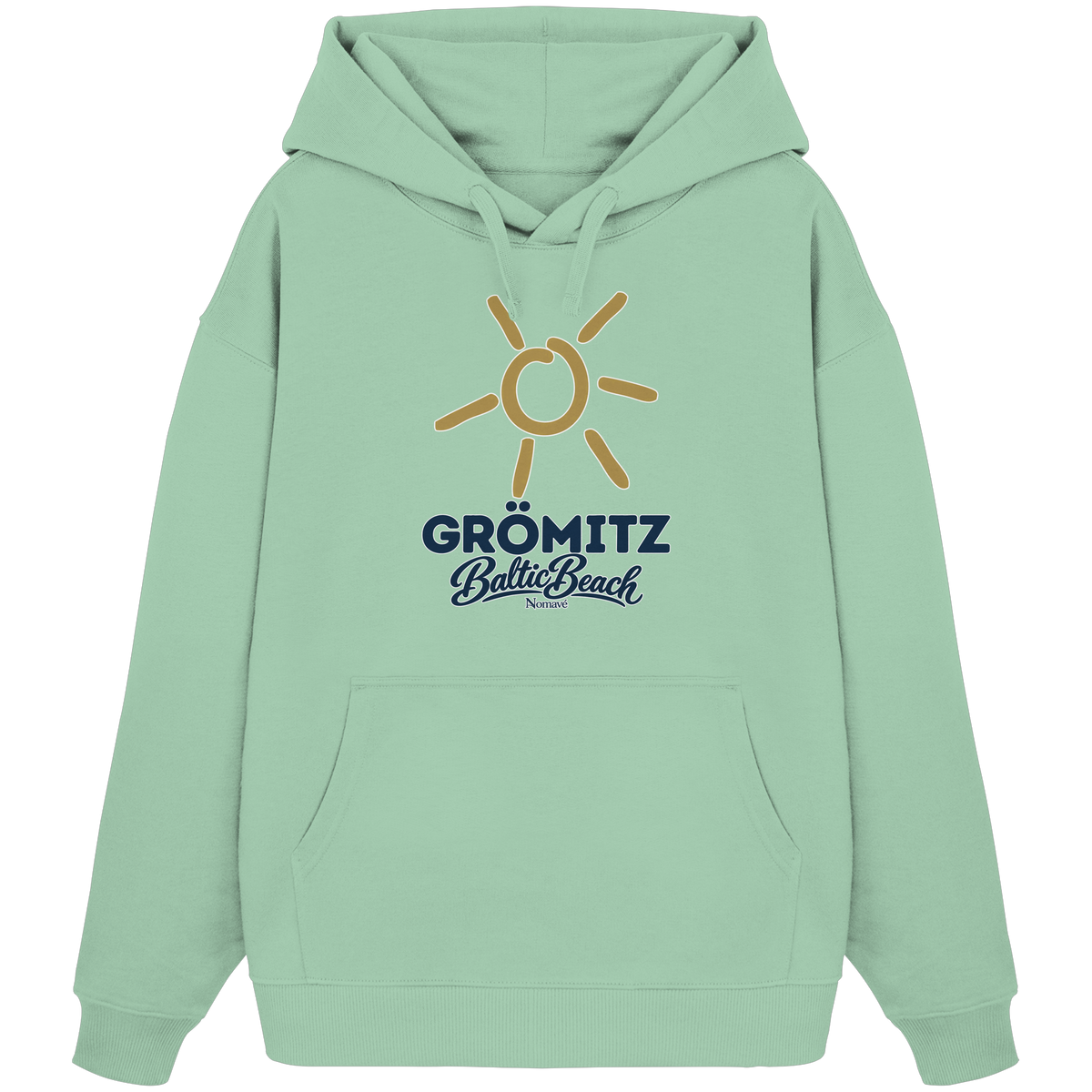 Bio Oversize Hoodie Grömitz Sonne Baltic Beach in Misty Jade – Frontdruck mit goldener Sonne, Shirtigo-Originalmockup 6