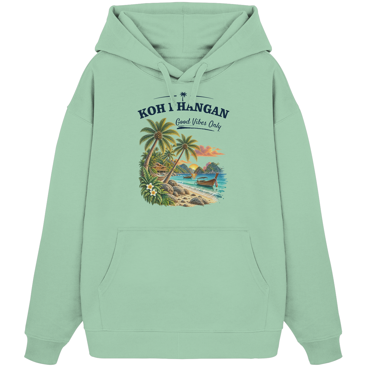 Koh Phangan Good Vibes Only – Bio Oversize Hoodie – Frontprint – Original-Mockup organic oversize hoodie misty jade mit Motivdruck